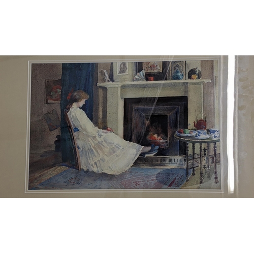 424 - Mixed pictures to include an unsigned watercolour depicting a girl by a fire, Margaret Horne waterco... 