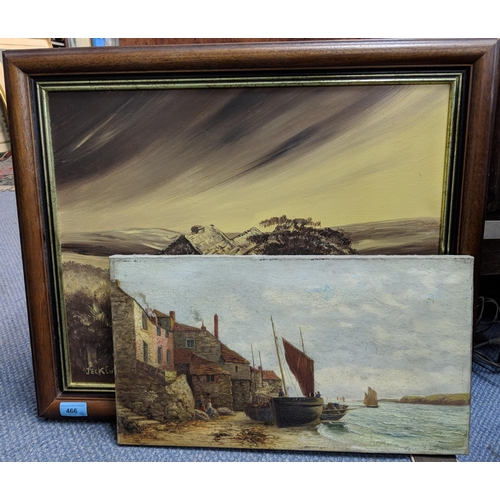 466 - An oil on canvas depicting a small coastal fishing settlement unloading boats, bears an indistinct s... 