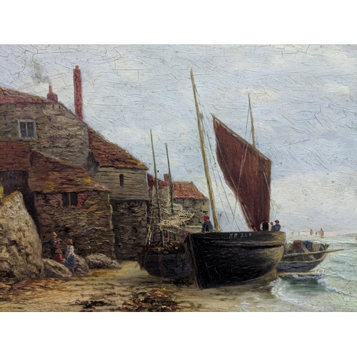 466 - An oil on canvas depicting a small coastal fishing settlement unloading boats, bears an indistinct s... 