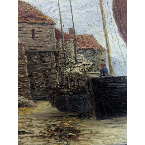 466 - An oil on canvas depicting a small coastal fishing settlement unloading boats, bears an indistinct s... 