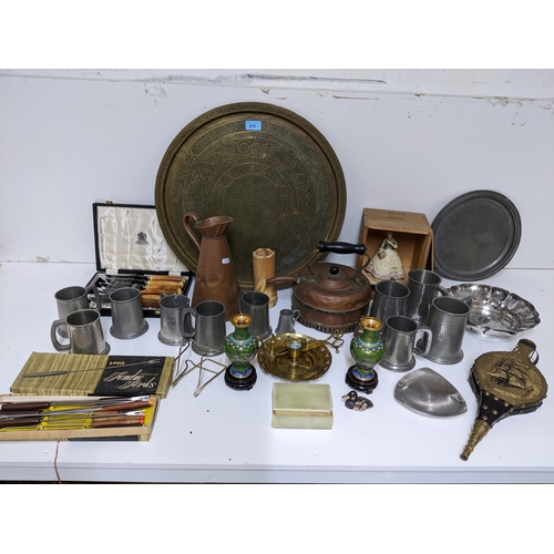 476 - A mixed lot to include a Persian brass tray, Elkington antler handled steak knives, pewter mugs, pai... 