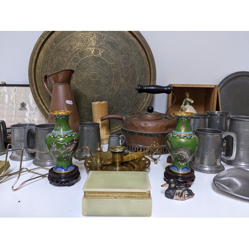 476 - A mixed lot to include a Persian brass tray, Elkington antler handled steak knives, pewter mugs, pai... 