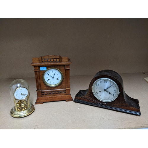 481 - An oak cased Hamburg American Clock Co mantel clock, an anniversary clock under a glass dome, and an... 