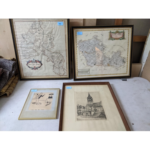 484 - Two Robert Morden hand coloured maps of Oxfordshire and Berkshire, along with an engraving of a town... 