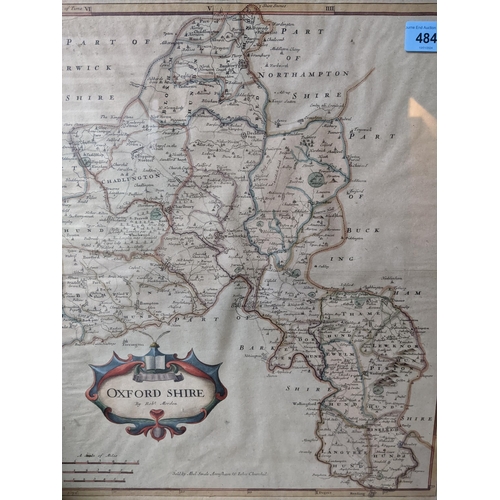 484 - Two Robert Morden hand coloured maps of Oxfordshire and Berkshire, along with an engraving of a town... 