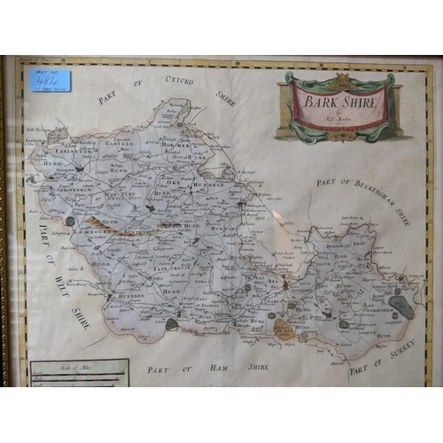 484 - Two Robert Morden hand coloured maps of Oxfordshire and Berkshire, along with an engraving of a town... 