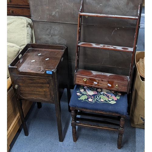 496 - Mixed furniture to include a Georgian style pot cupboard, wall hanging shelf and a tapestry topped s... 