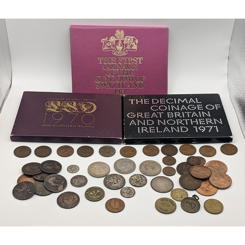 213 - Mixed coins to include UK annual proof sets, 1971 and one other, a 1974 Swaziland proof set and mixe... 