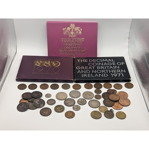 213 - Mixed coins to include UK annual proof sets, 1971 and one other, a 1974 Swaziland proof set and mixe... 