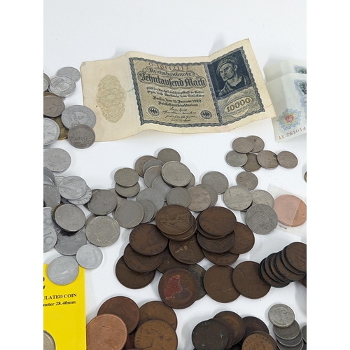 248 - Mixed coins and banknotes to include British early 20th century and later threepence and other examp... 