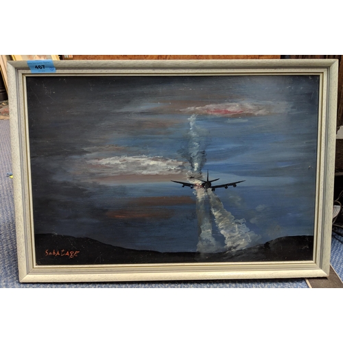 467 - Oil on board depicting an aeroplane in distress, named 'Sabatage'
Location:RWF