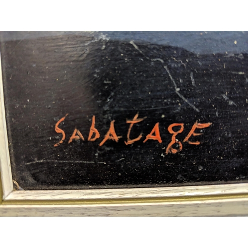 467 - Oil on board depicting an aeroplane in distress, named 'Sabatage'
Location:RWF