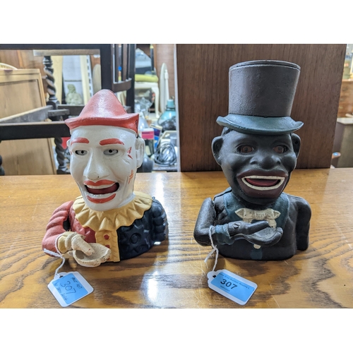 307 - Two painted reproduction cast iron money boxes to include one depicting a clown Location:G
These ite... 