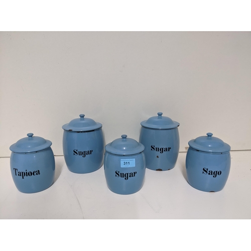 311 - A group of five blue enamel kitchen storage jars to include Sago, Tapioca and Sugar Location:G