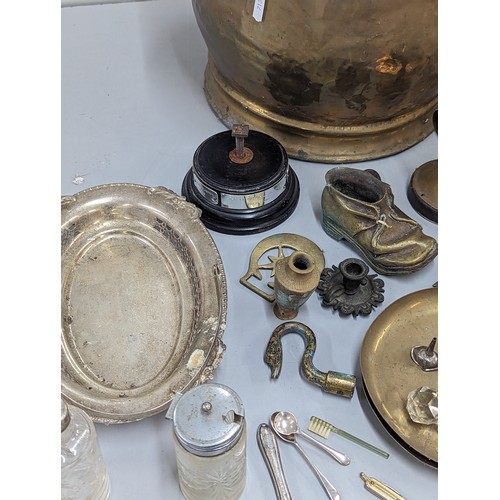 27 - Mixed metalware to include a coal bucket, silver and silver plated items to include cutlery, brasswa... 