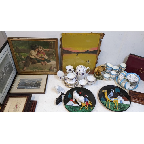 197 - Mixed items to include a Victorian part tea set A/F, a walnut desk A brass desk tidy, picture plates... 