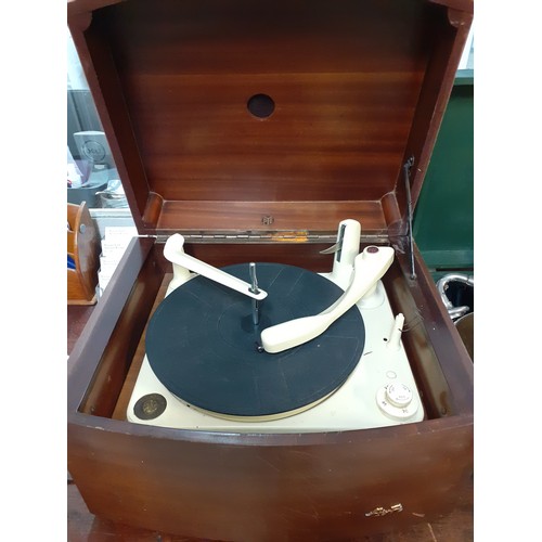 195 - A vintage Pye record player, a vintage Bush radio, a green cased gramophone and 4 cases of vintage g... 