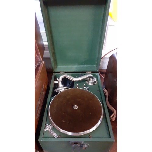 195 - A vintage Pye record player, a vintage Bush radio, a green cased gramophone and 4 cases of vintage g... 