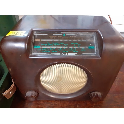 195 - A vintage Pye record player, a vintage Bush radio, a green cased gramophone and 4 cases of vintage g... 