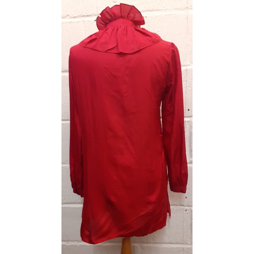 21 - Biba-A vintage red silk longline blouse with ruffled collar, UK size 10. Location:Rail