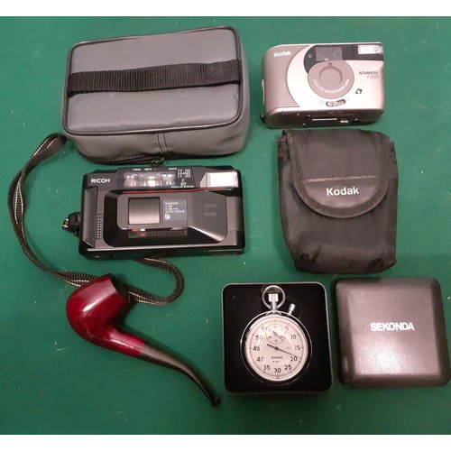 166 - A Ricoh FF-90 camera and case, a Kodak Advantix F350 camera and case, a Falcon Coolway pipe and a Se... 