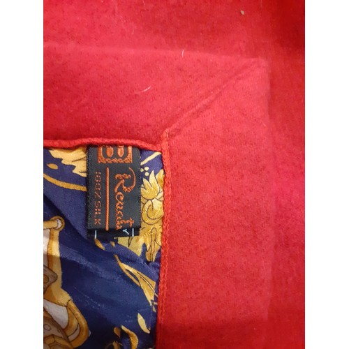 147 - A Renata Balestro silk and wool throw with a Hermes influenced patchwork design on a red silk ground... 