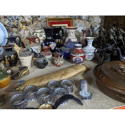 200 - Mixed items to include a warming pan, mixed vases, brass coal basket, Lloyd Loom style Ottoman, and ... 