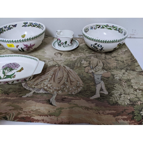 207 - A selection of Portmeirion Botanical Garden table ceramics, and a Flemish machine woven wall hanging... 