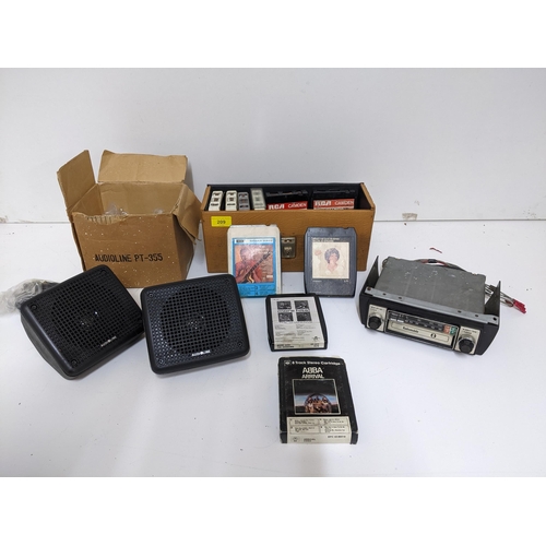 209 - Radiomobile 8-track car stereo, various tapes, and Audioline speakers Location:G