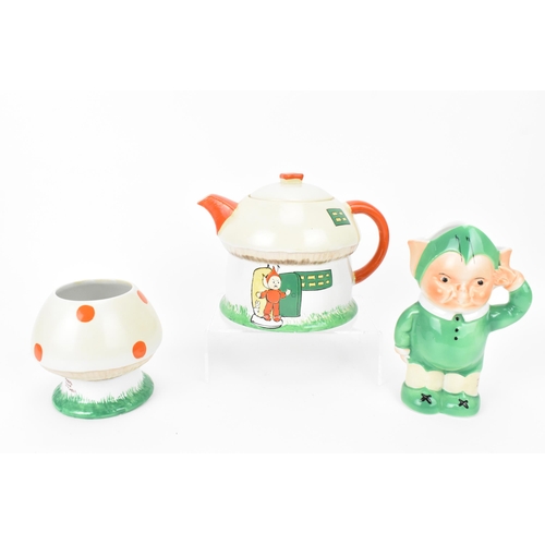 20 - Shelley Mabel Lucie Atwell, a three piece tea service comprising mushroom teapot and sugar basin, an... 