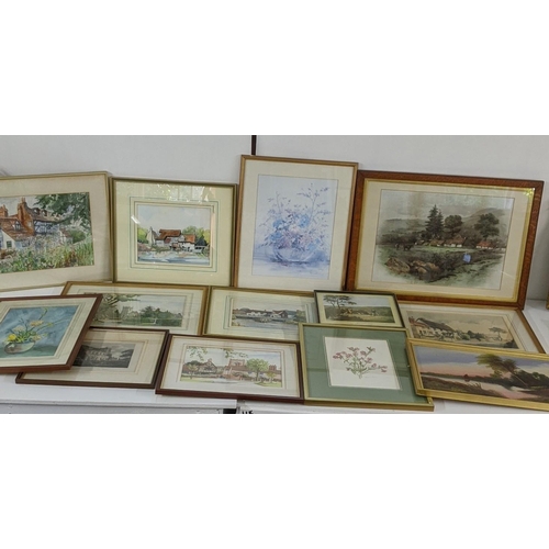 450 - Mixed pictures to include watercolours depicting village scenes to include Edward Darby, Margaret Ho... 