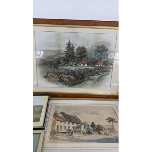 450 - Mixed pictures to include watercolours depicting village scenes to include Edward Darby, Margaret Ho... 