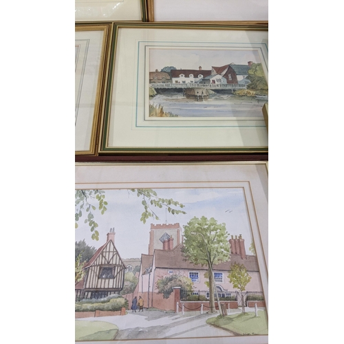 450 - Mixed pictures to include watercolours depicting village scenes to include Edward Darby, Margaret Ho... 