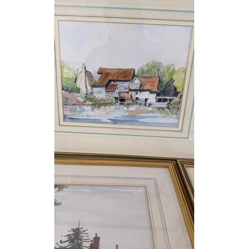 450 - Mixed pictures to include watercolours depicting village scenes to include Edward Darby, Margaret Ho... 