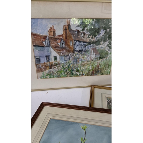 450 - Mixed pictures to include watercolours depicting village scenes to include Edward Darby, Margaret Ho... 