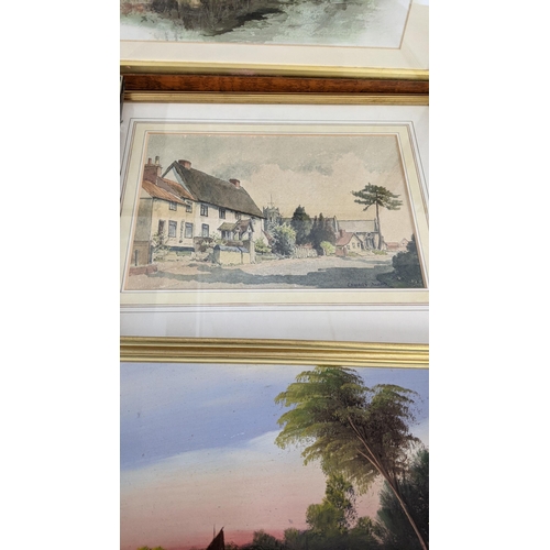 450 - Mixed pictures to include watercolours depicting village scenes to include Edward Darby, Margaret Ho... 