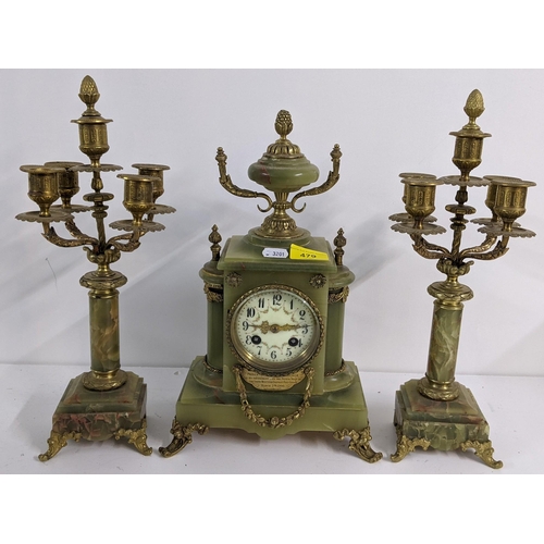 479 - An Edwardian green onyx mantle clock with applied gilt metal mounts and engraved plaque, Samuel Mart... 