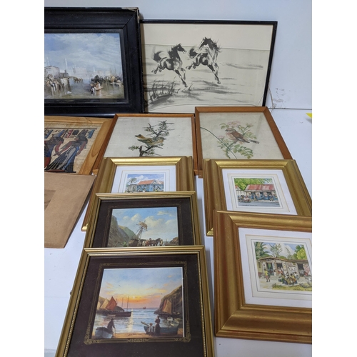 A quantity of framed and glazed prints and embroideries to include a ...