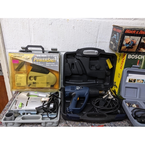 Two Black and Decker folding Workmate benches, and various cased and ...