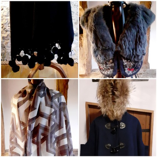 73 - A group of fur trimmed clothing and accessories comprising a Ruiyge navy cashmere mix cape with 2 du... 