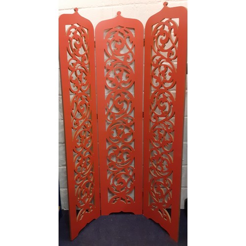 77 - A modern salmon painted 3 fold cut out screen, 40cm wide x 180cm high Location:BWR