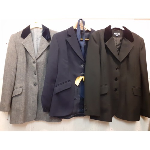 118 - Three ladies show-jumping jackets and 2 pairs of riding boots to include a black Dublin jacket Europ... 