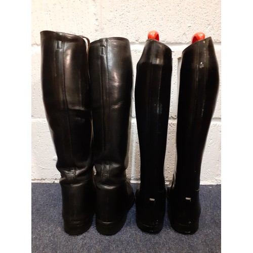 118 - Three ladies show-jumping jackets and 2 pairs of riding boots to include a black Dublin jacket Europ... 