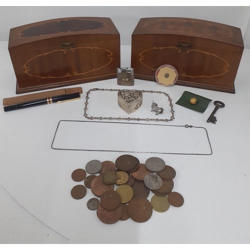 207 - A pair of reproduction Italian style boxes, signed Oliver Feist together with mixed coins, a vintage... 