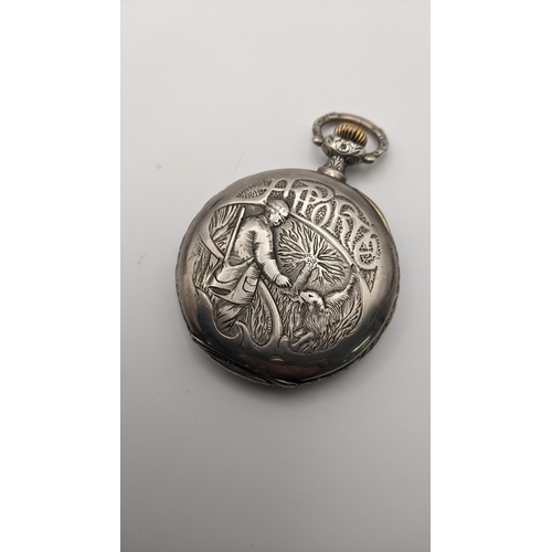 13 - An early 20th century Longines Continental silver full Hunter pocket watch, the case decorated with ... 