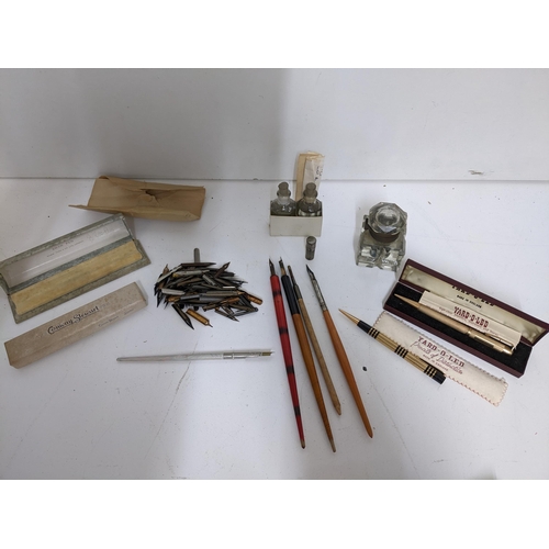 184 - Writing desk top implements to include a Yard-o-led rolled gold propelling pencil, Fyne Point propel... 