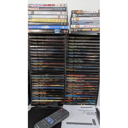 212 - Three boxes of DVDs to include TV sets, steam trains and a Panasonic DVD player together with sevent... 