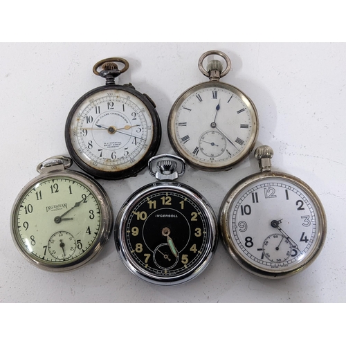 244 - Five early 20th century pocket watches to include a military issue watch, a high class chronograph a... 