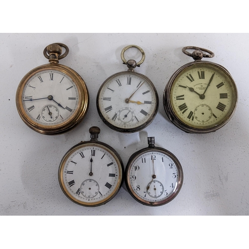 246 - Five late 19th/20th century open faced pocket watches to include a silver cased watch, the white ena... 