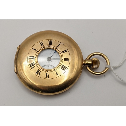 An 18ct gold half Hunter pocket watch, the  17 jewel movement jewelled to the centre and having a micrometre regulator 68.8g
Location:CAB3